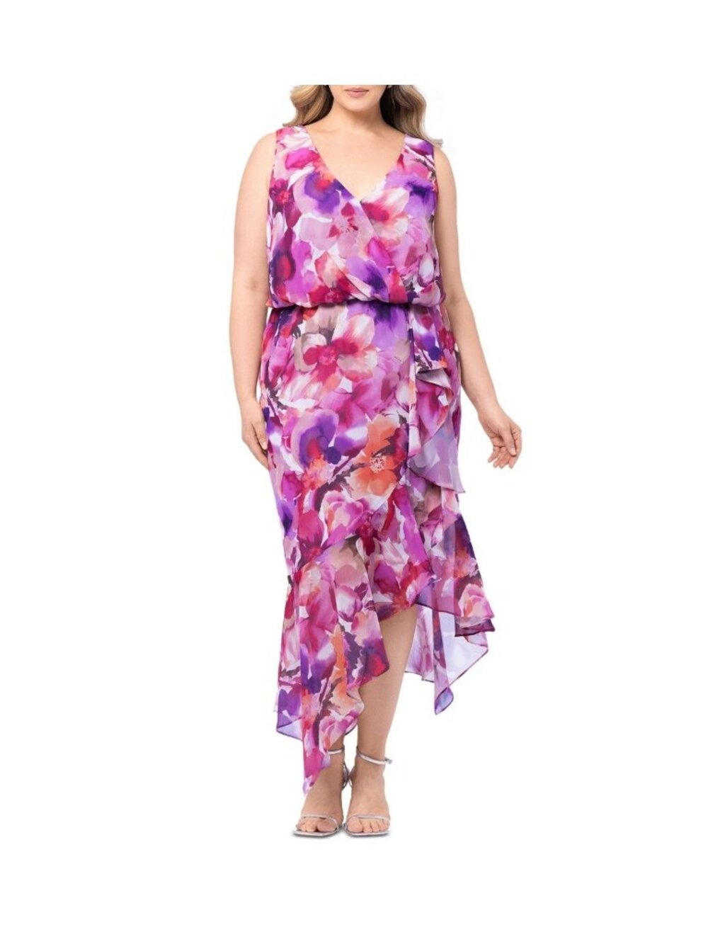 XSCAPE Womens Plus Size Floral Print MIDI Dress Blouson Pink Size 16W NWT